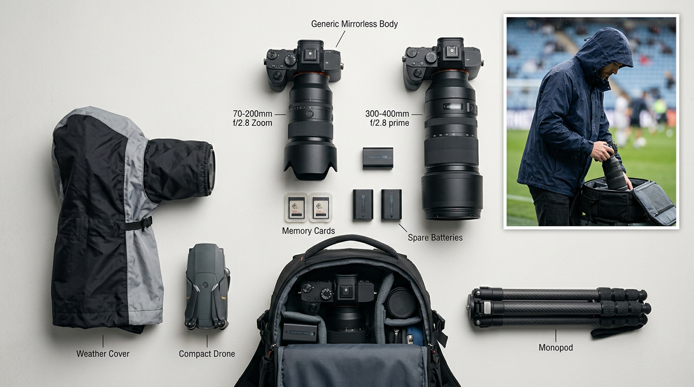 Flat lay of essential sports photography gear including cameras, telephoto lenses, batteries and weather cover