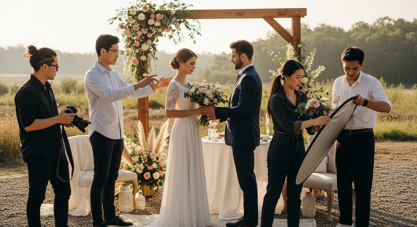 Photographer and vendors collaborating on a styled wedding shoot to build a portfolio and gain experience