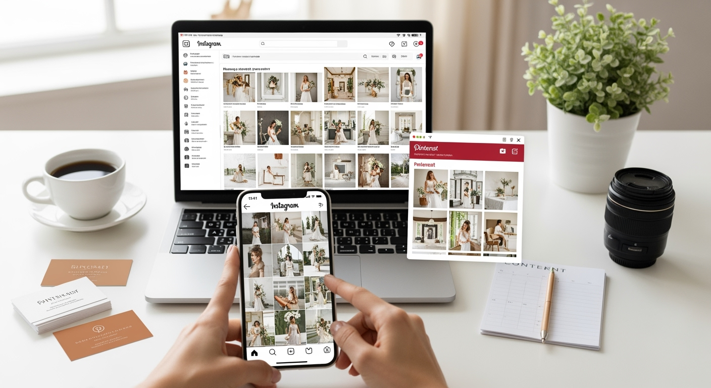 Smartphone and laptop showing Instagram and Pinterest wedding images to illustrate social media marketing for photographers