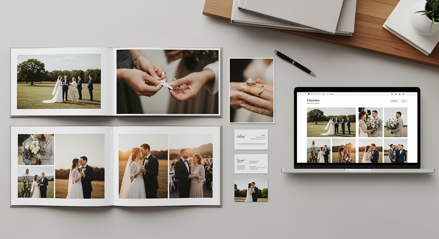 Curated wedding portfolio layout showing varied wedding day photos and a laptop mockup for portfolio building