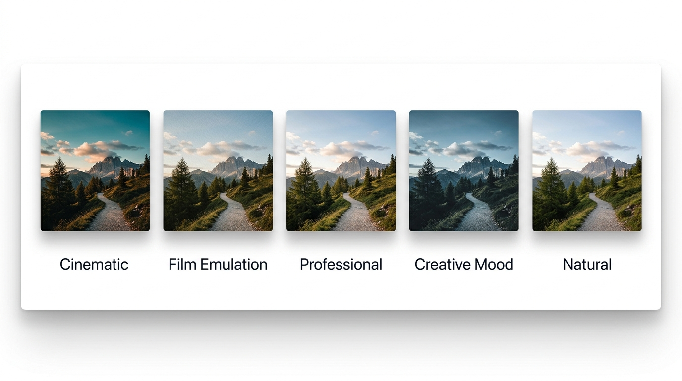 Five-thumbnail grid comparing cinematic, film emulation, professional, creative, and natural LUT styles