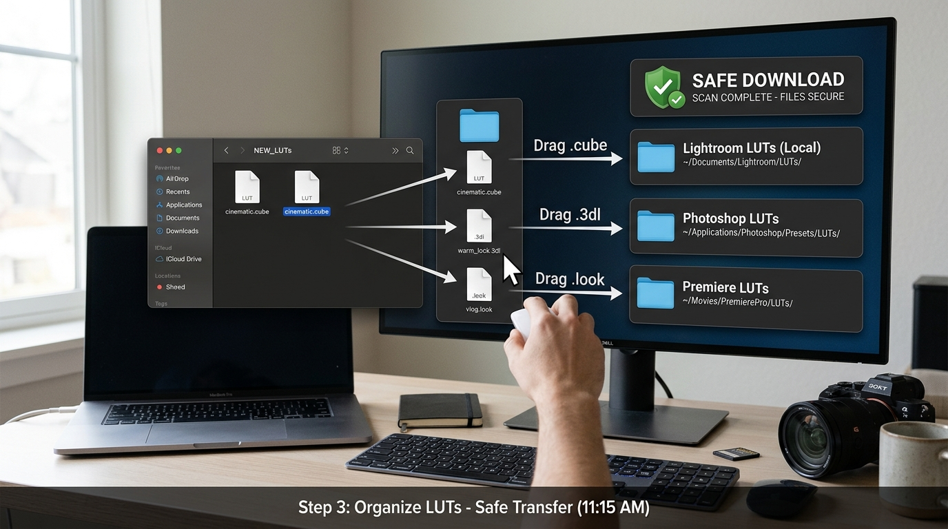 Desktop illustration showing LUT files being dragged into Lightroom, Photoshop, and Premiere folders Desktop illustration showing LUT files being dragged into Lightroom, Photoshop, and Premiere folders