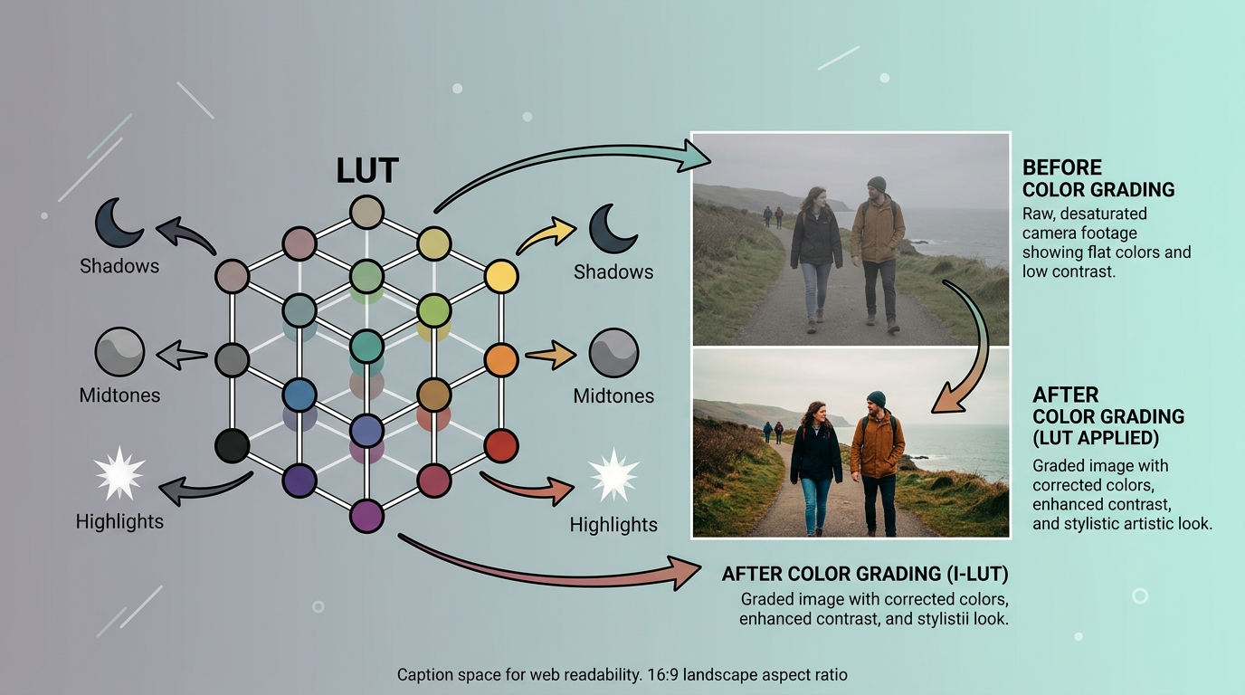 Infographic showing a LUT matrix with arrows connecting to before-and-after photo panels Infographic showing a LUT matrix with arrows connecting to before-and-after photo panels