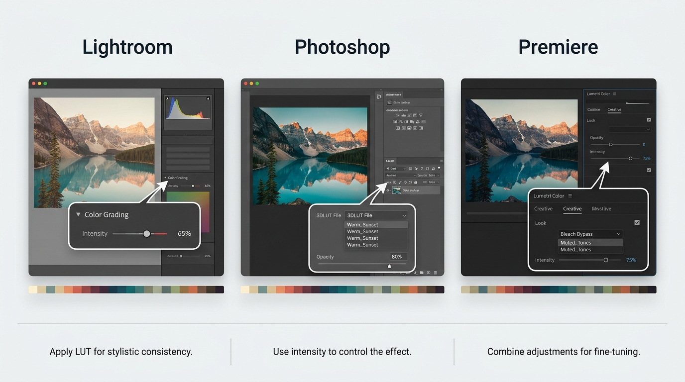 Three-panel comparison showing LUT application workflows for Lightroom, Photoshop, and Premiere Three-panel comparison showing LUT application workflows for Lightroom, Photoshop, and Premiere