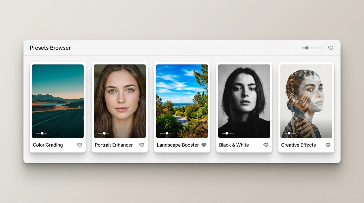 Grid of Photoshop preset thumbnails showing colour grading, portrait, landscape, black and white, and creative effects.