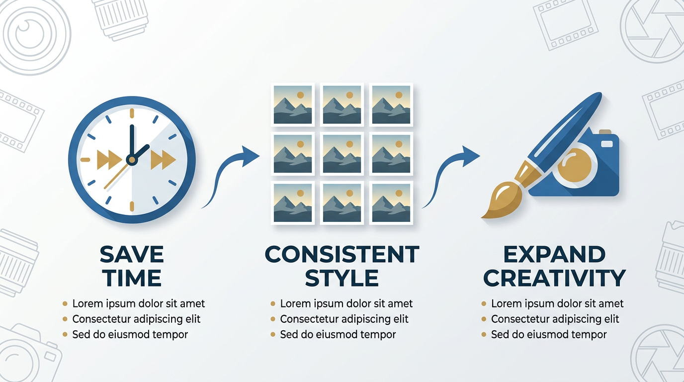 Infographic icons showing three benefits of Photoshop presets: save time, consistent style, creativity.