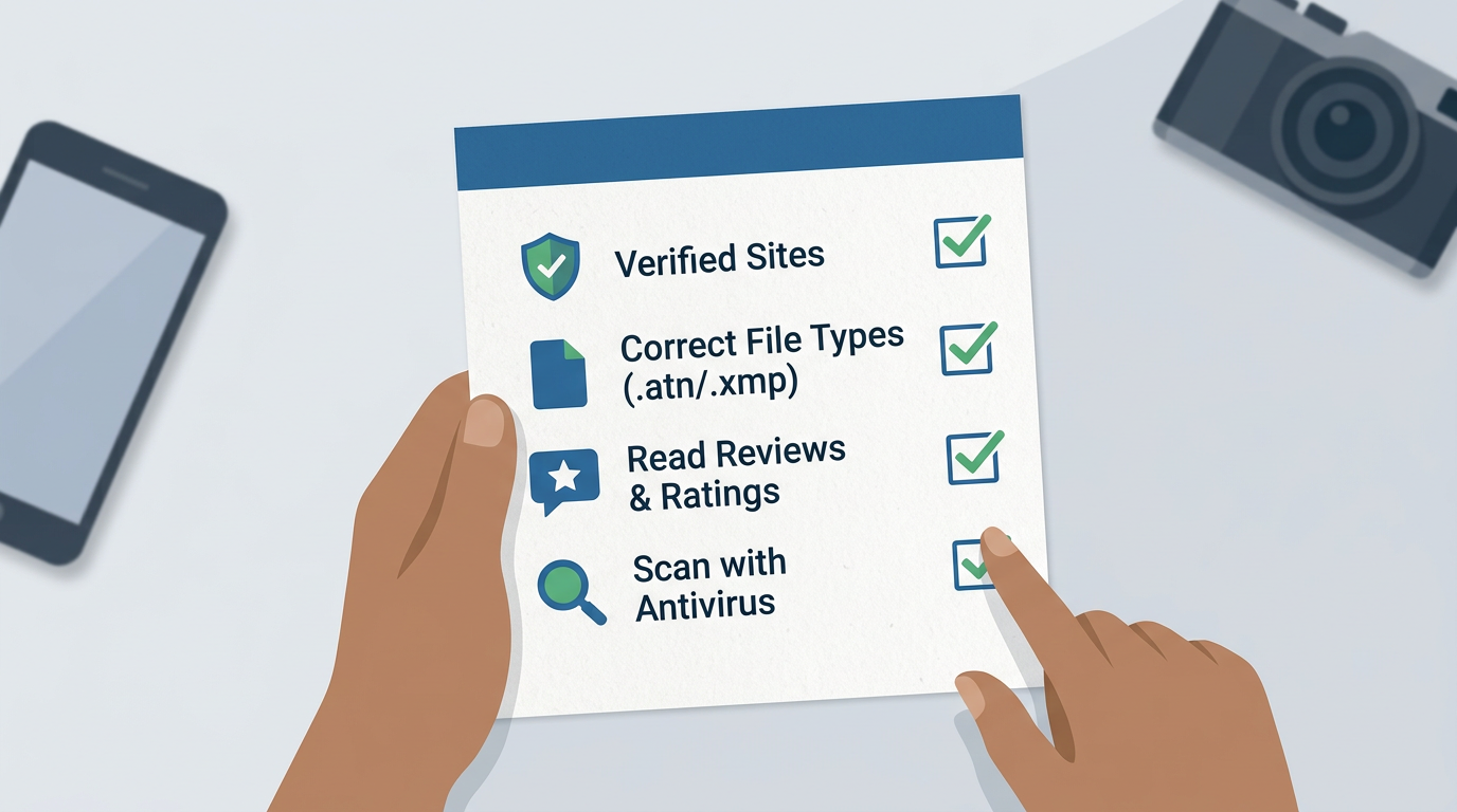 Checklist graphic showing how to safely download free Photoshop presets: verified sites, file types, reviews, antivirus.