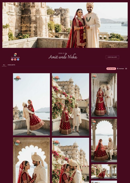 Traditional wedding photo gallery for photographers—branded online wedding photo gallery with AI face search for wedding photos